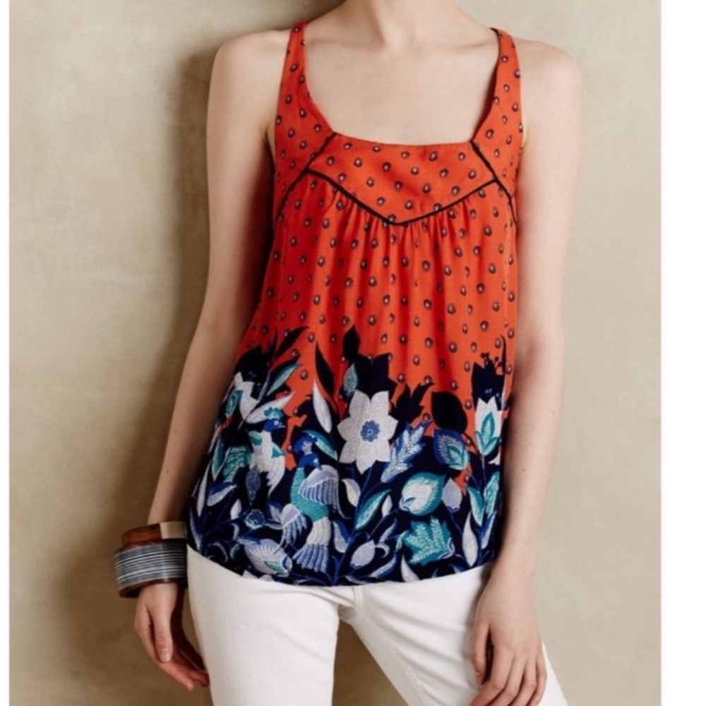 Anthropologie Maeve Boho Mazie Orange & Blue Novelty Peacock Tank | Size Small